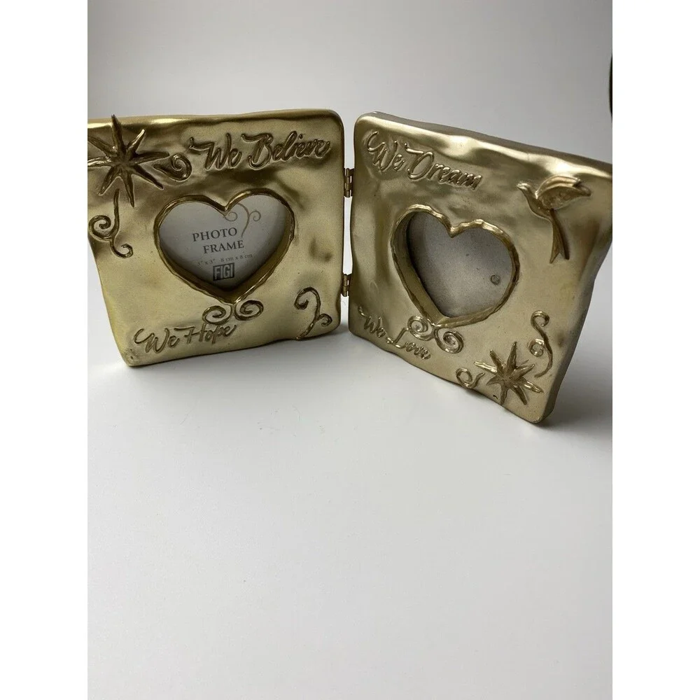 Hinged 4x4 Gold Tone Heart Picture Frames With Stars For 3x3 Photo Insert